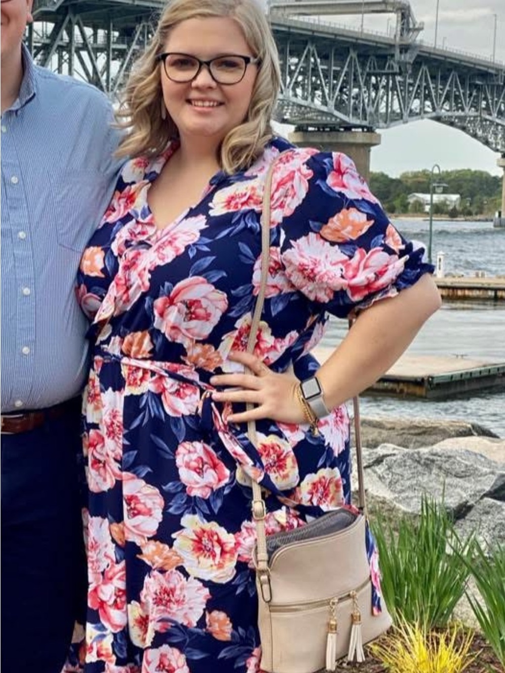 Old Navy Navy Floral Wrap Midi Dress with Pink & Coral Blooms